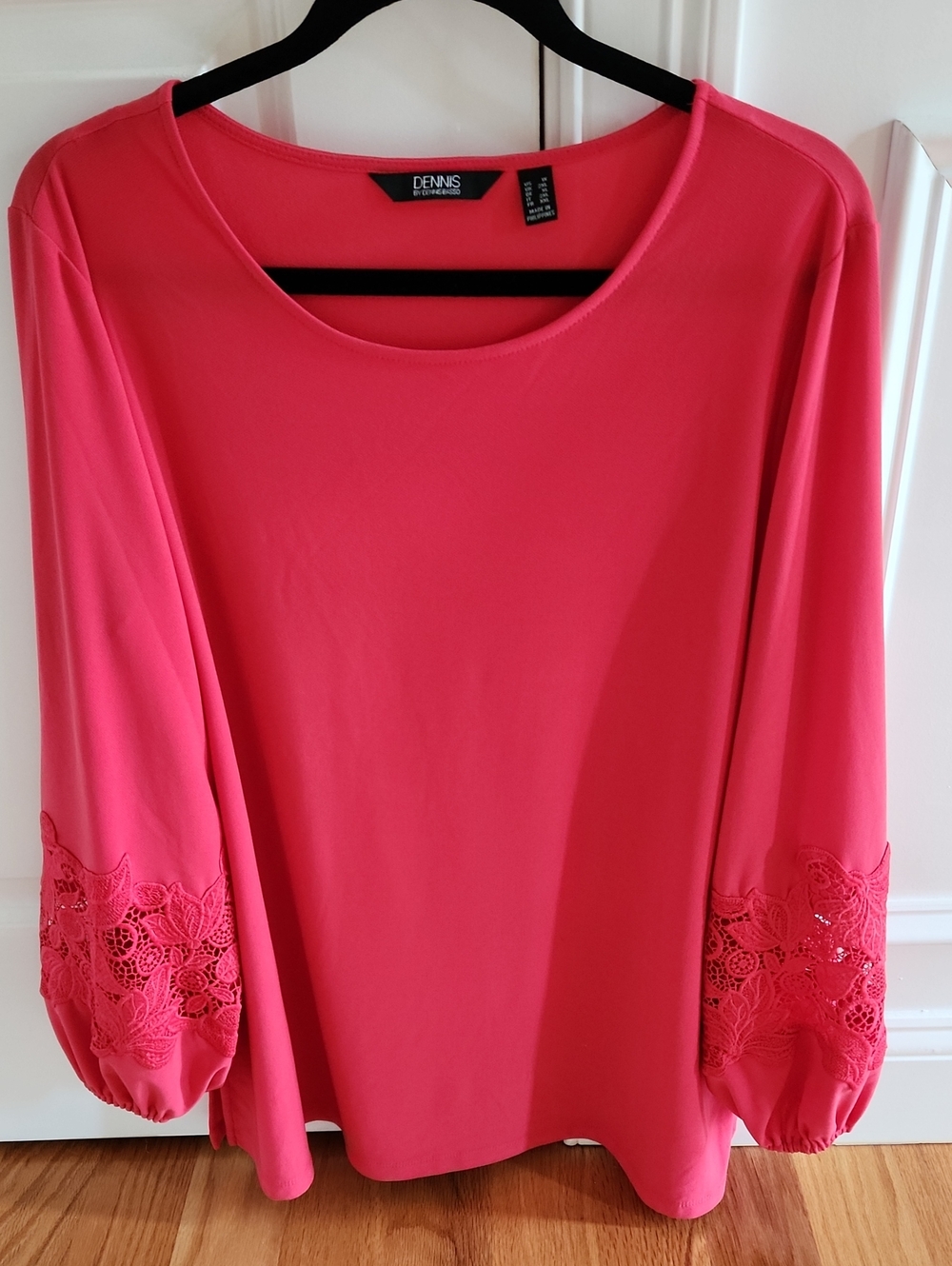 Dennis Basso, Coral Pink Blouse with Lace Sleeves, Sz 1X